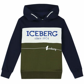 Boys Navy, White & Khaki Logo Hooded Top