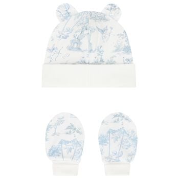 Baby Boys White & Blue Africa Hat & Mittens Set