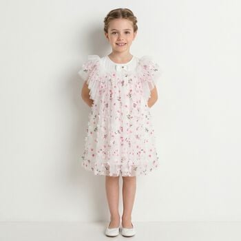 Girls White & Pink Tulle Flowers Dress