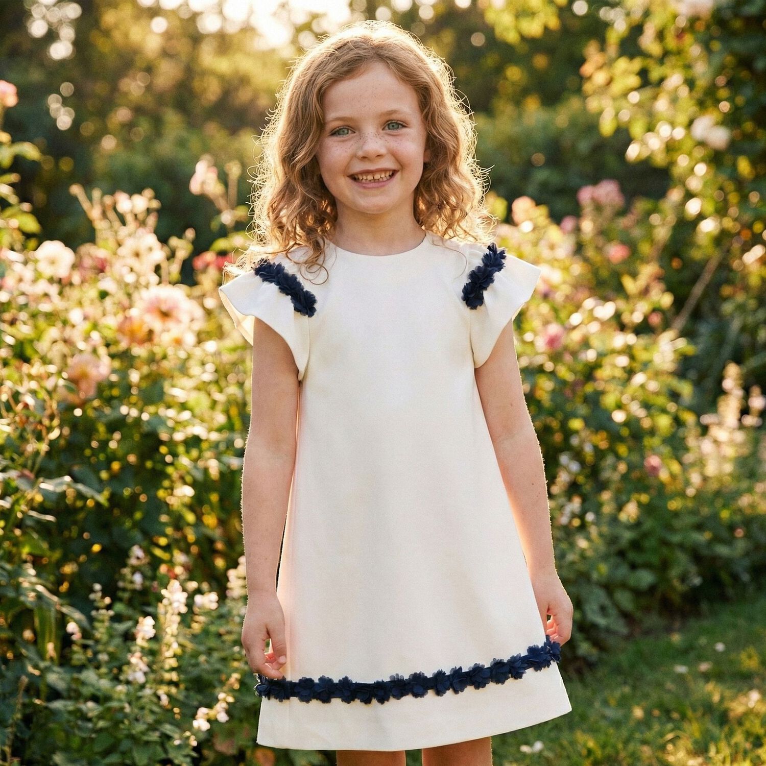 Girls Ivory & Navy Blue Flower Crepe Dress, 1, hi-res