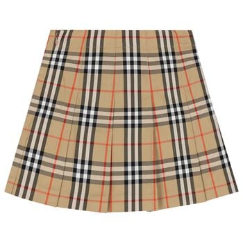 Girls Beige Check Pleated Skirt