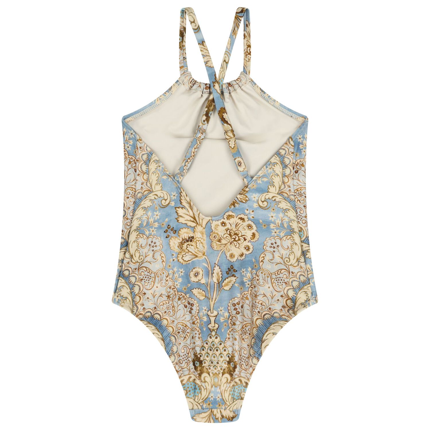 Girls Blue & Beige Floral Swimsuit, 1, hi-res