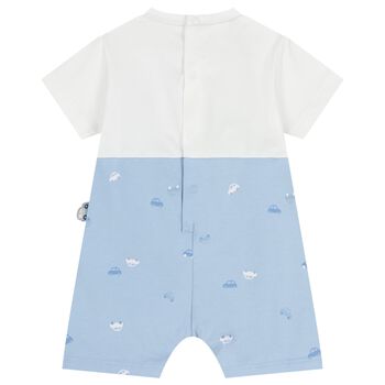 Baby Boys White & Blue Car Romper