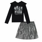 Girls Black Top & Silver Pleated Skirt Set, 1, hi-res