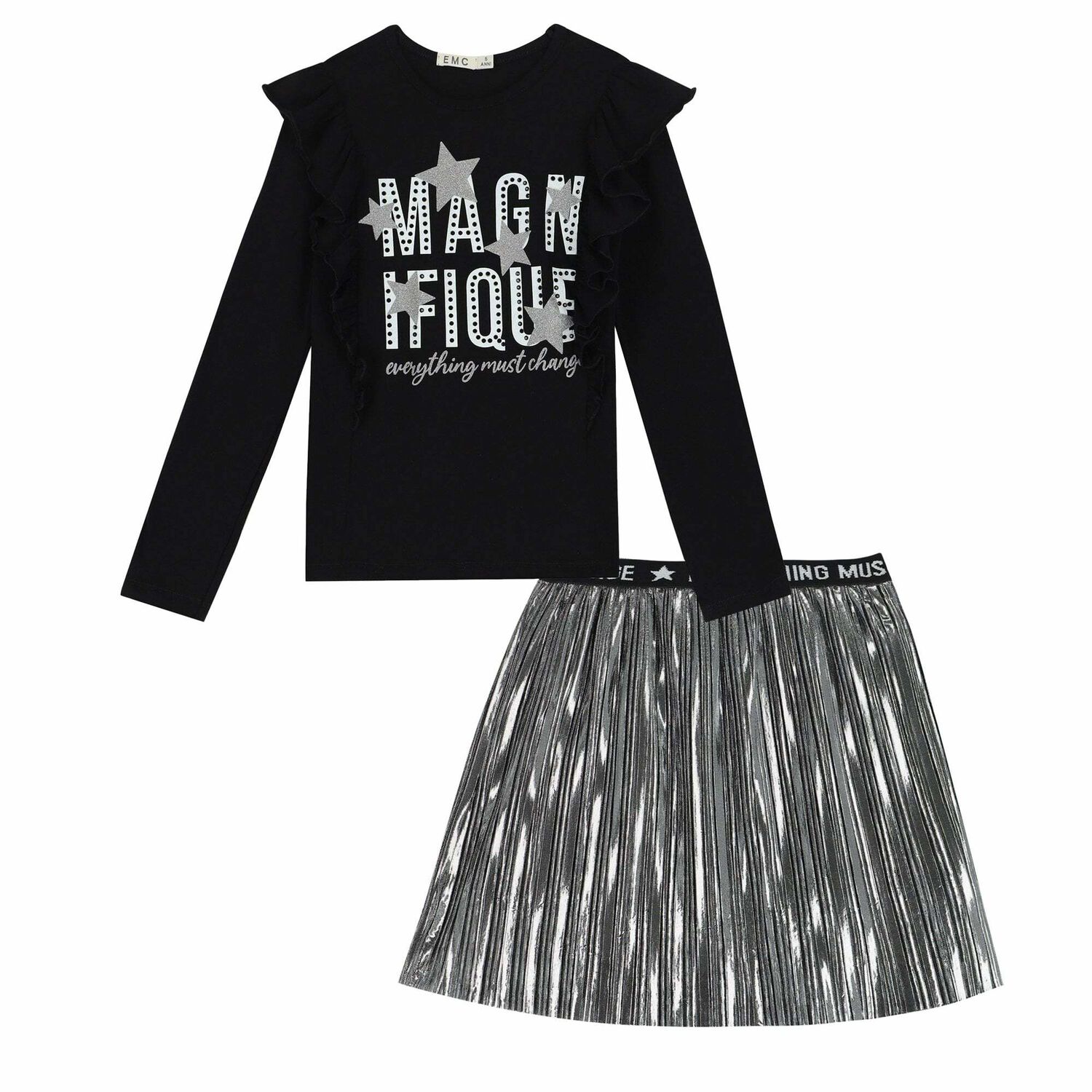 Girls Black Top & Silver Pleated Skirt Set, 1, hi-res image number null