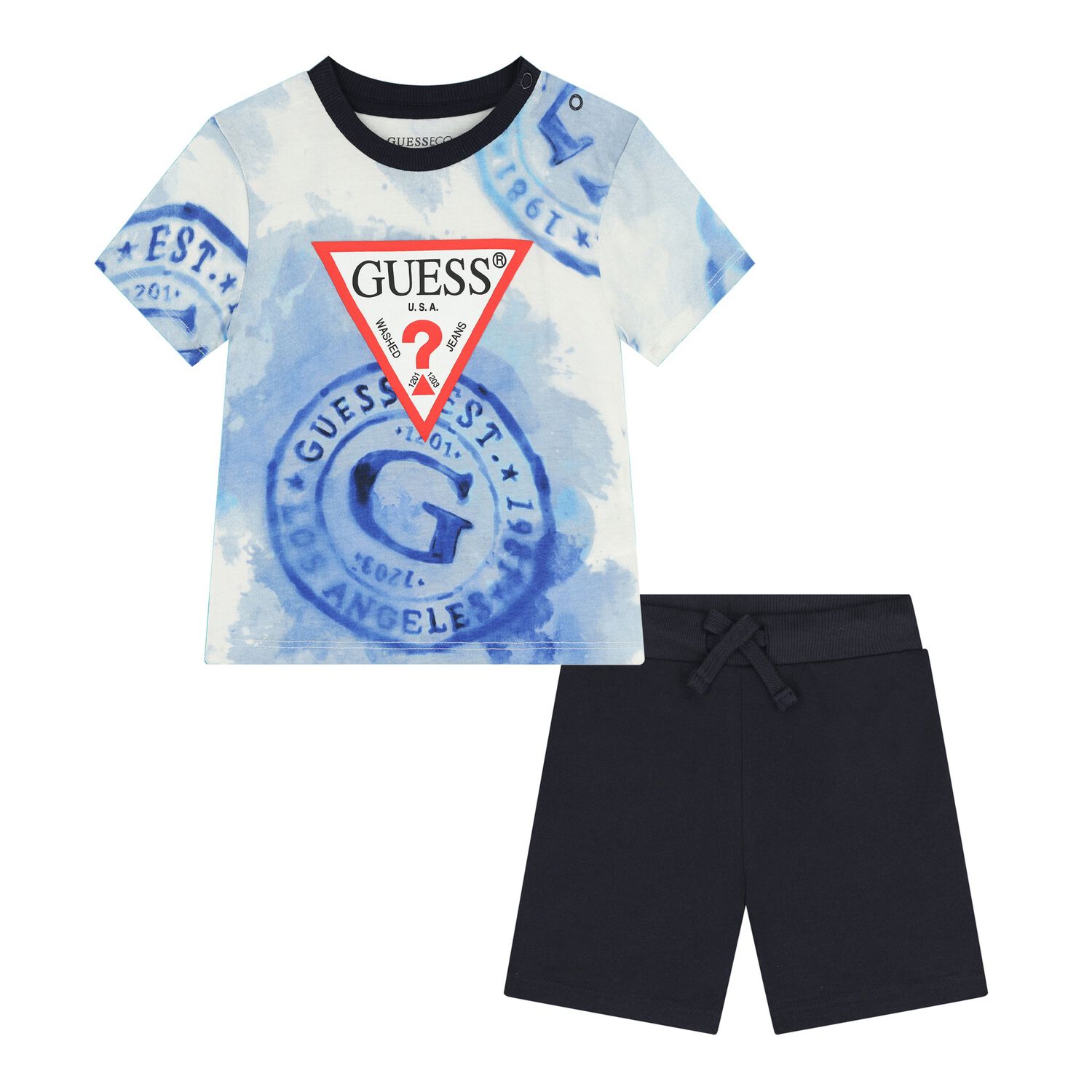 Baby Boys White, Blue & Navy Blue Logo Shorts Set, 1, hi-res