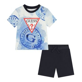 Baby Boys White, Blue & Navy Blue Logo Shorts Set