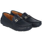 Boys Navy Blue Leather Loafers, 1, hi-res
