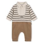 Baby Boys Beige Logo Striped Romper , 1, hi-res