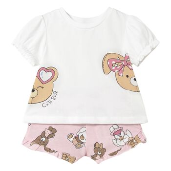 Younger Girls White & Pink Teddy Bear Shorts Set