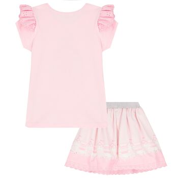 Girls Pink Broderie Anglaise Skirt Set