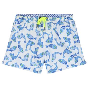 Boys White & Blue Fish Swim Shorts