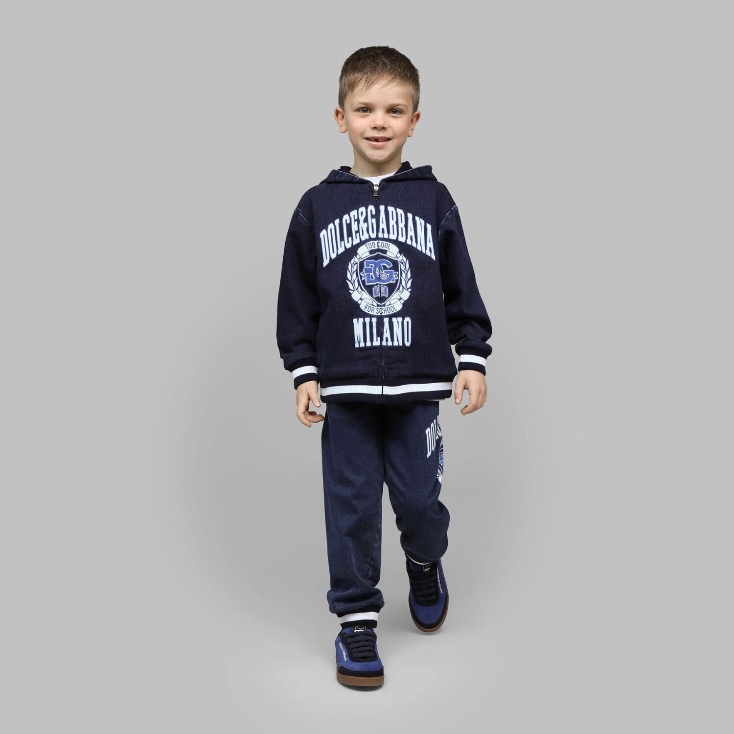 Boys Navy Blue Varsity Logo Hooded Zip Up Top, 1, hi-res
