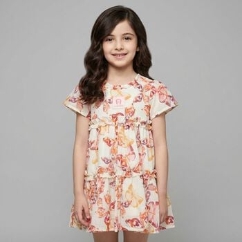 Younger Girls Ivory & Pink Butterflies Logo Dress