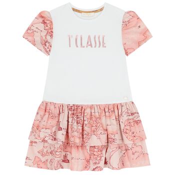 Girls White & Pink Geo Map Dress