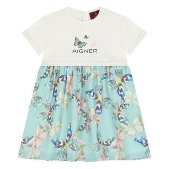 Younger Girls Ivory & Blue Butterflies Logo Dress