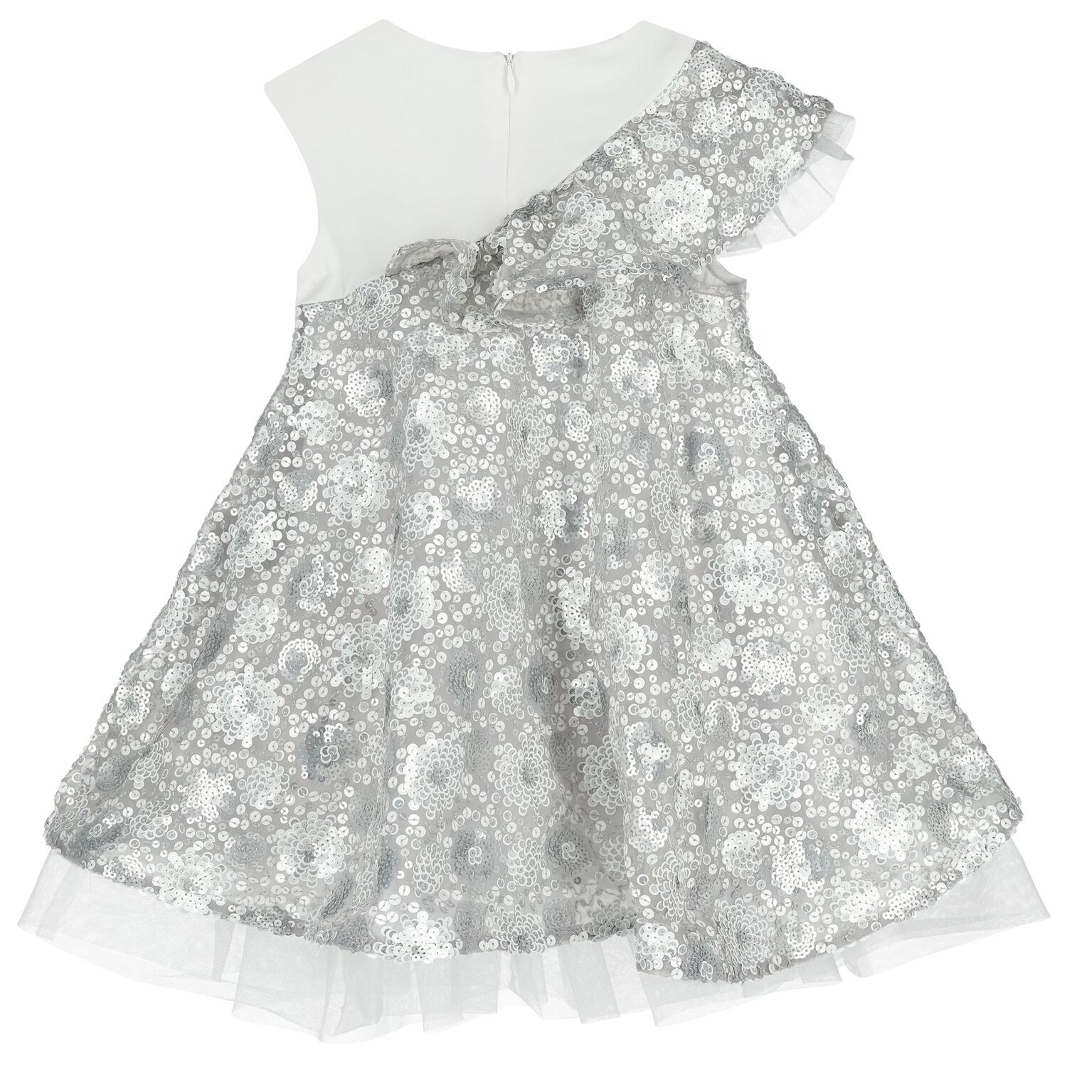 Girls White & Silver Logo Sequinned Organza Dress , 1, hi-res
