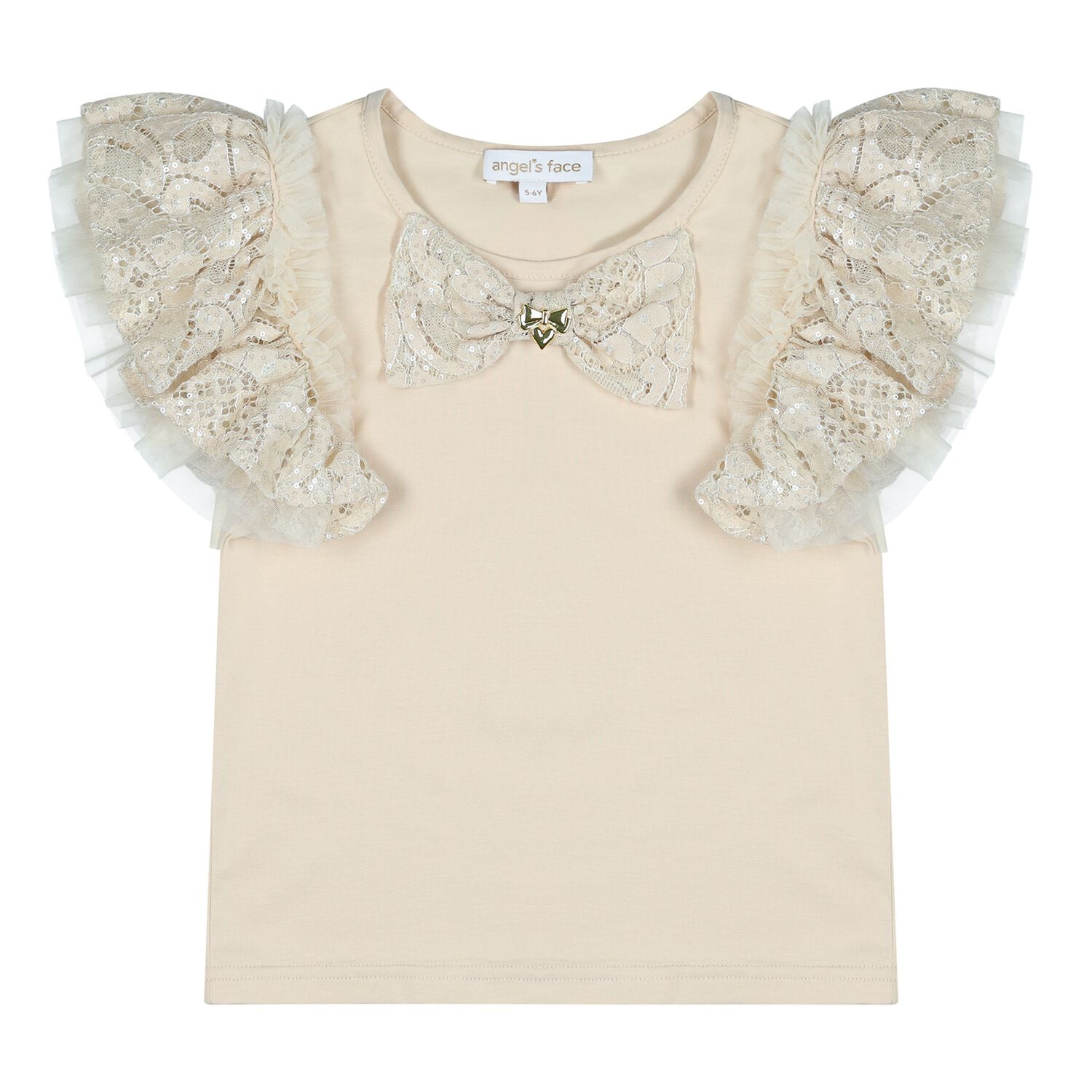 Girls Beige Sequin Lace Bow Coleen Top, 1, hi-res