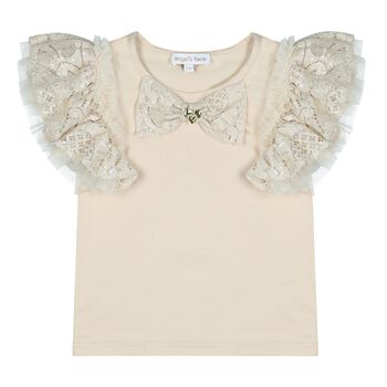 Girls Beige Sequin Lace Bow Coleen Top
