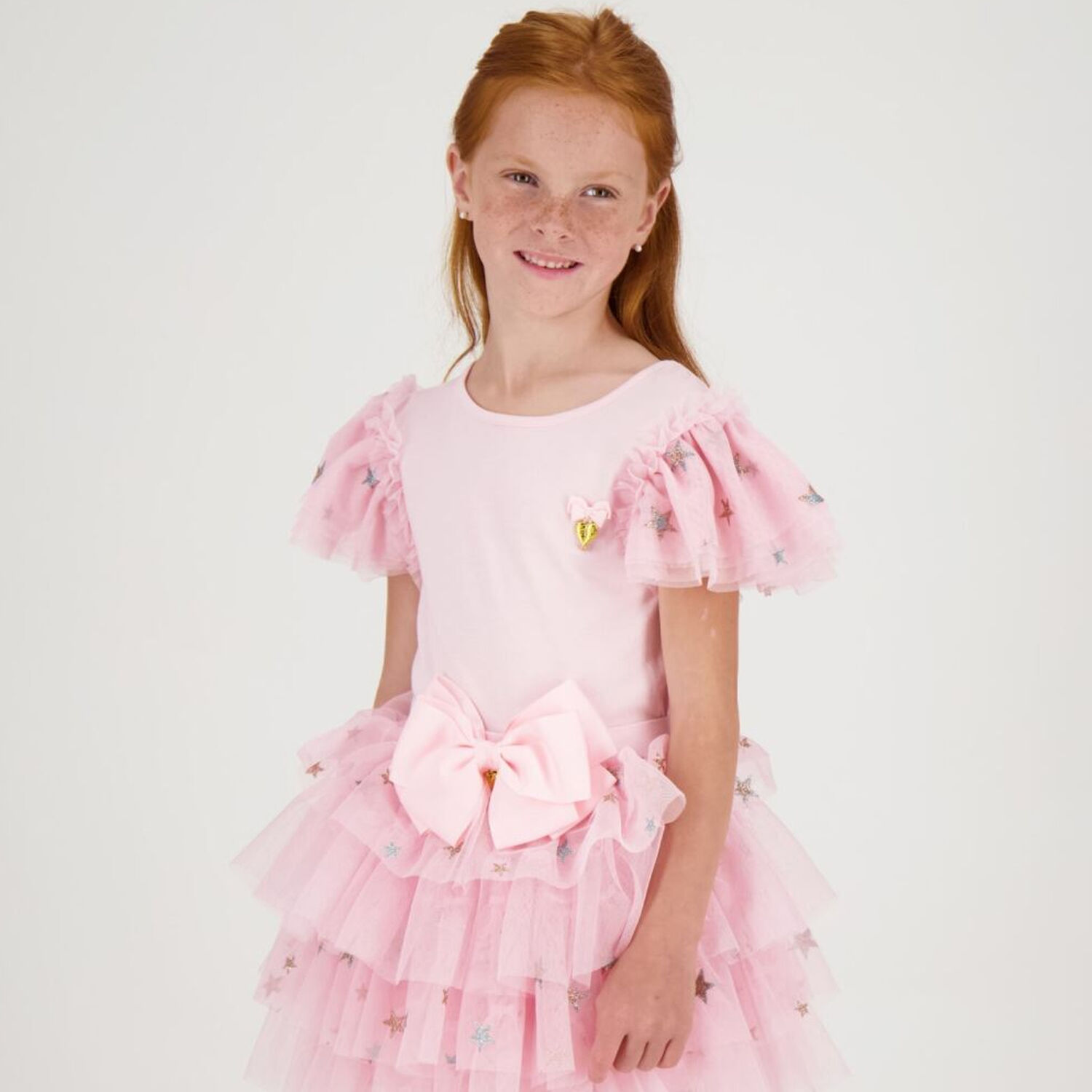 Girls Pink Tulle Sleeve T-Shirt, 1, hi-res image number null