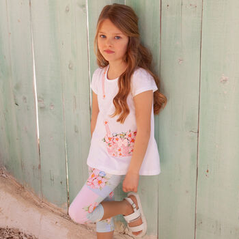 Girls White Floral Leggings Set