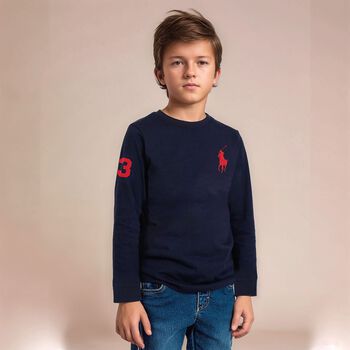 Boys Navy Blue Logo Long Sleeve Top