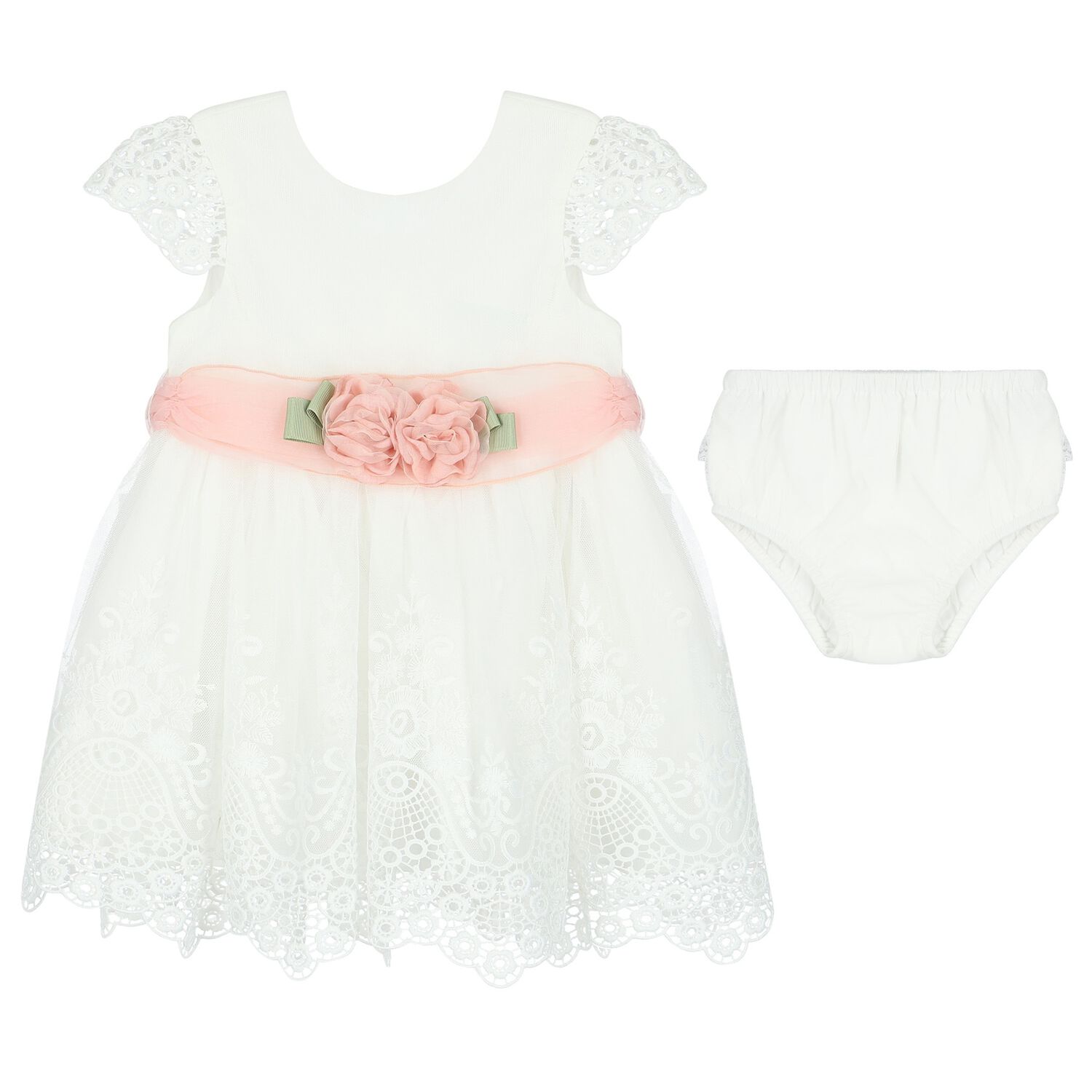 Younger Girls White Flower Lace & Tulle Dress, 1, hi-res
