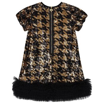 Girls Black & Gold Embellished Houndstooth Tulle Dress