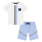 Younger Boys White & Blue Logo Shorts Set, 1, hi-res