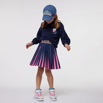 Girls Navy Blue & Pink Logo Pleated Skirt