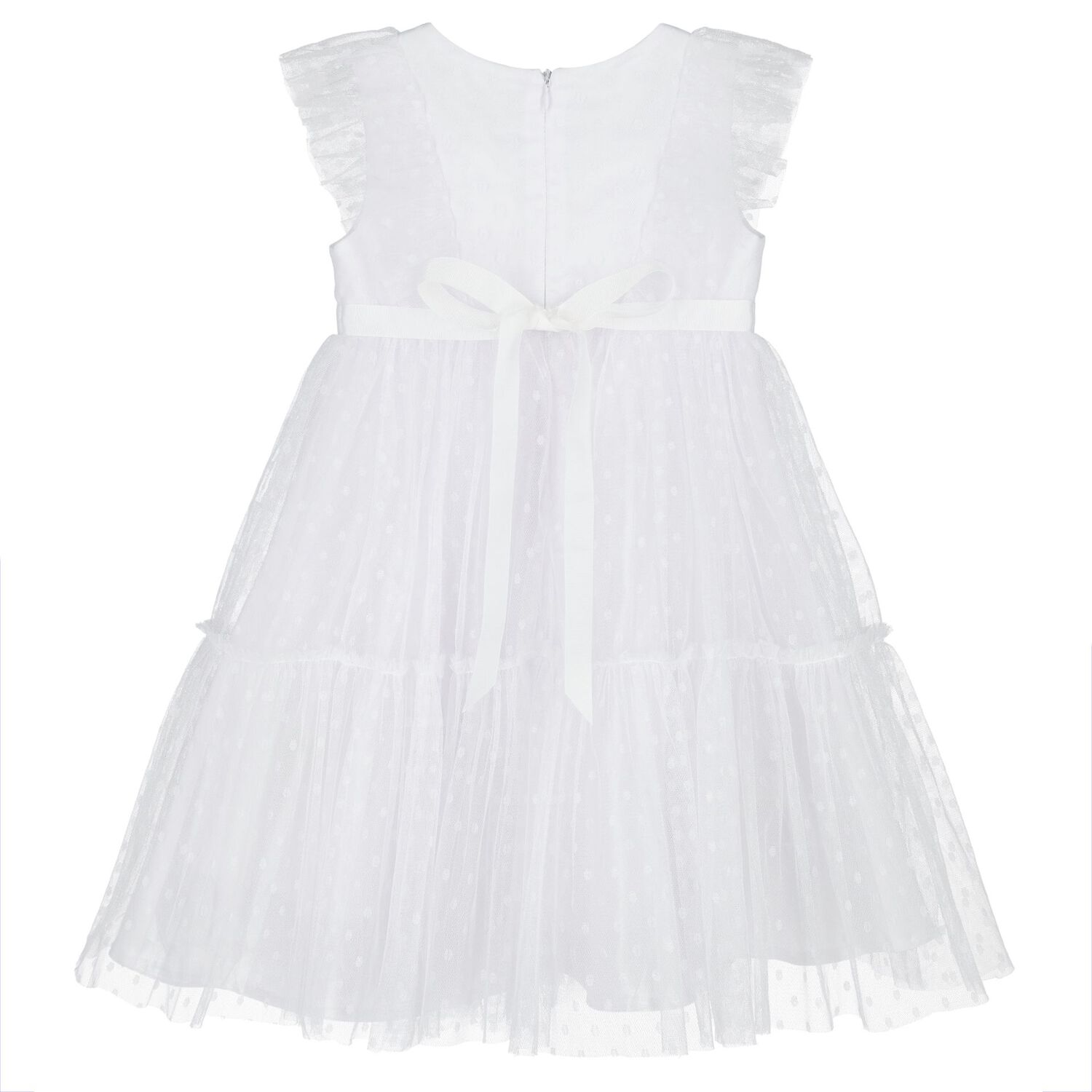 Girls White Polka Dot Tulle Tiered Dress, 1, hi-res