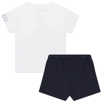 Younger Boys White & Navy Blue Logo Shorts Set