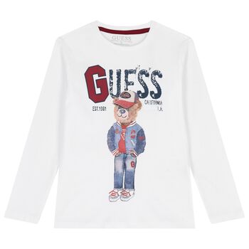 Guess بلوزة بيضاء بأكمام طويلة للأولاد بطبعة دب تيدي, 2 بلوزة بيضاء بأكمام طويلة للأولاد بطبعة دب تيدي