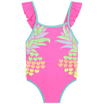 Girls Neon Pink Ruffle Swimsuit