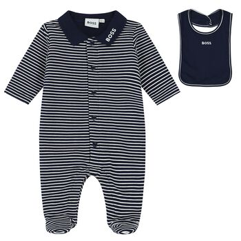 Baby Boys Navy Blue & White Striped Babygrow Gift Set