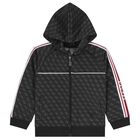 Boys Black Logo Hooded Zip Up Top, 1, hi-res