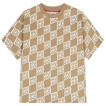 Boys Beige & White Check Logo T-Shirt
