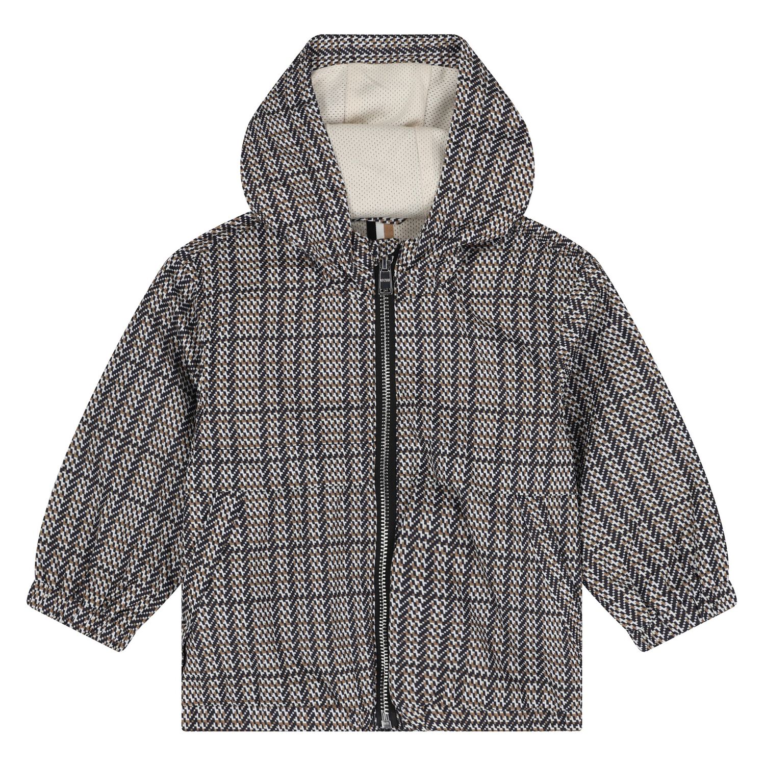 Younger Boys Black, Beige & White Checked Hooded Zip Up Top, 1, hi-res