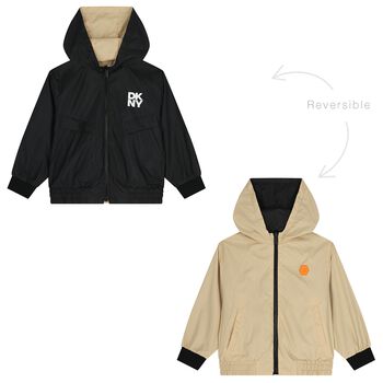 Boys Black & Beige Reversible Hooded Zip Up Top