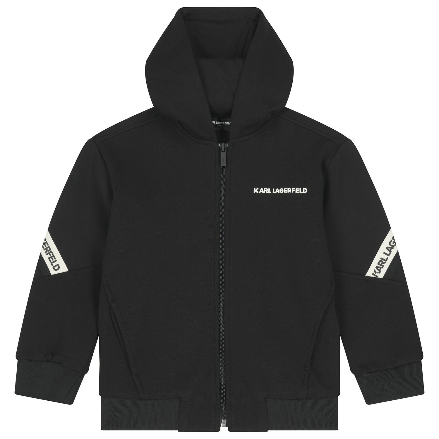 Boys Black Logo Hooded Zip Up Top, 1, hi-res