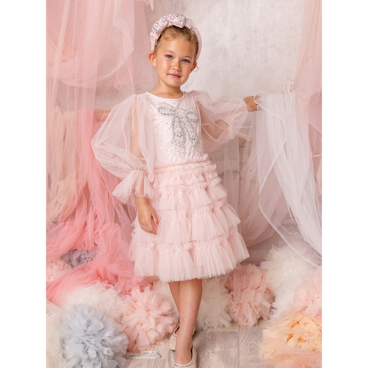 Girls Pink Embellished Tulle Dress, 1, hi-res