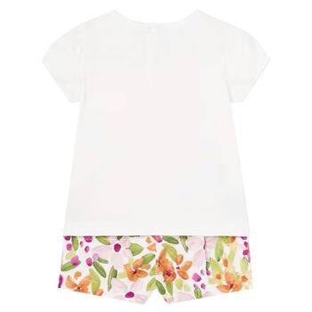 Younger Girls White Floral Shorts Set