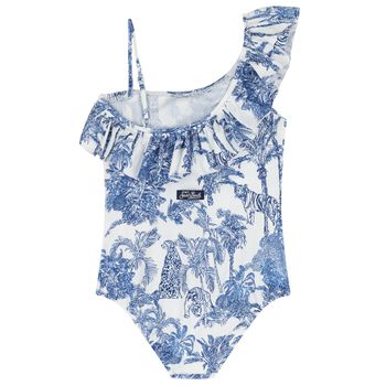 Girls White & Blue Palm Tree Swimsuit