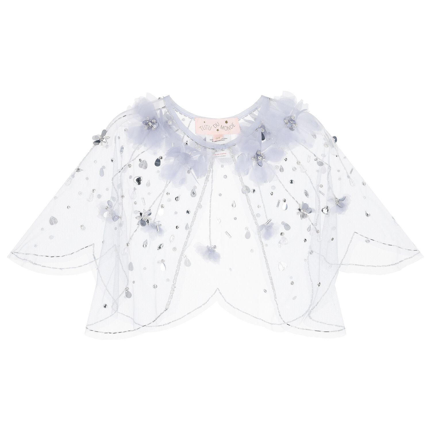 Girls Blue Embellished Flower Cape, 1, hi-res