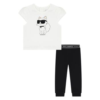 Younger Girls White & Black Choupette Leggings Set
