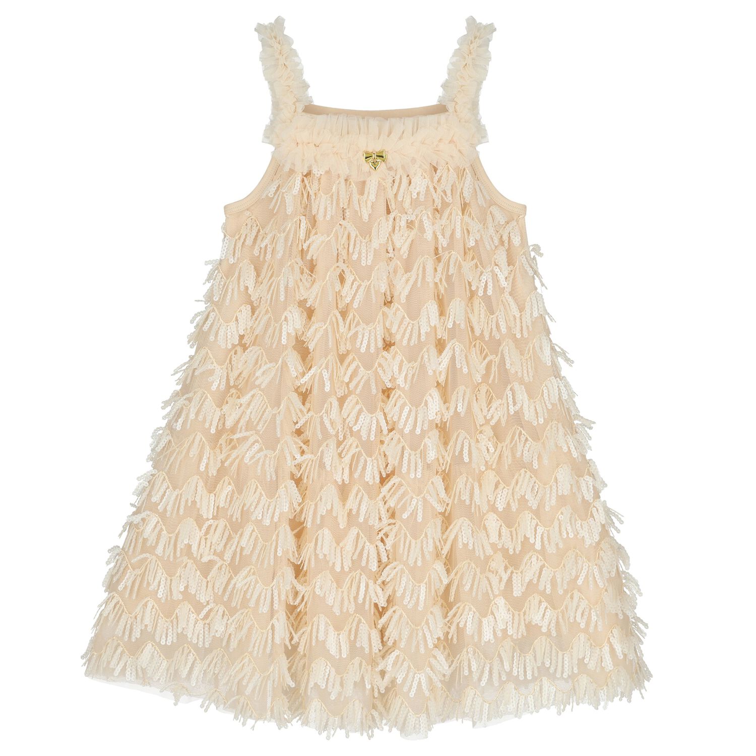 Girls Beige Sequin Tulle Dress, 1, hi-res