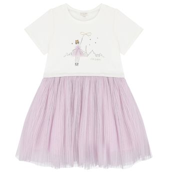 Girls White & Purple Logo Tulle Dress