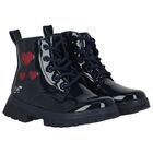 Girls Navy Blue Heart Patent Boots, 1, hi-res