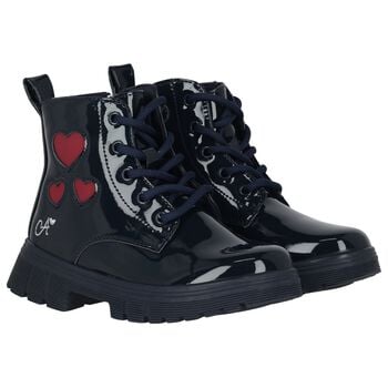 Girls Navy Blue Heart Patent Boots