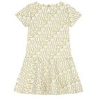 Girls Ivory & Gold Logo Dress, 1, hi-res